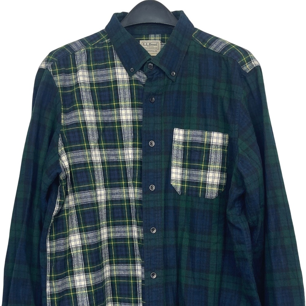 LL‎ Bean Flannel Shirt Mens L COLORBLOCK Plaid Cotton Green Navy Red Button Down